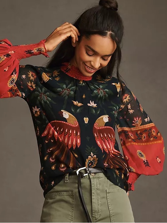 FARM Rio Tops - Farm Rio x Anthropologie long sleeve smocked blouse XS floral birds tropical